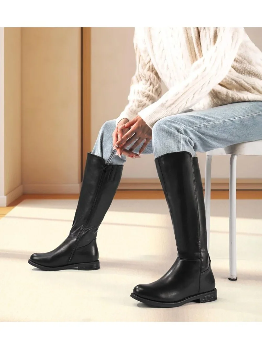 Women's Black pu Knee High Boots Flat Low Heel with Side Zipper